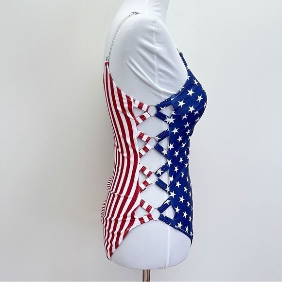 Patriotic USA American Flag Stars and Stripes Lattice One Piece Swimsuit - Picture 5 of 16